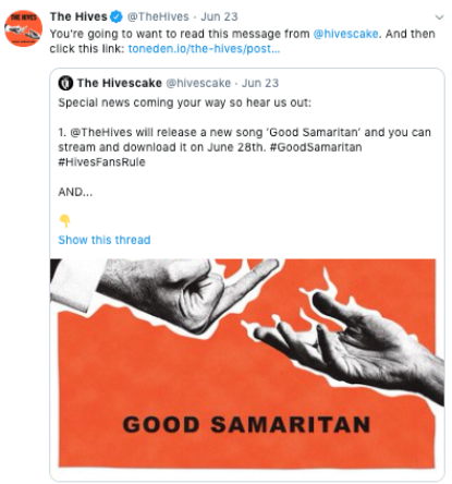 The Hives quoting fan account @hivescake announcing the new single Good Samaritan